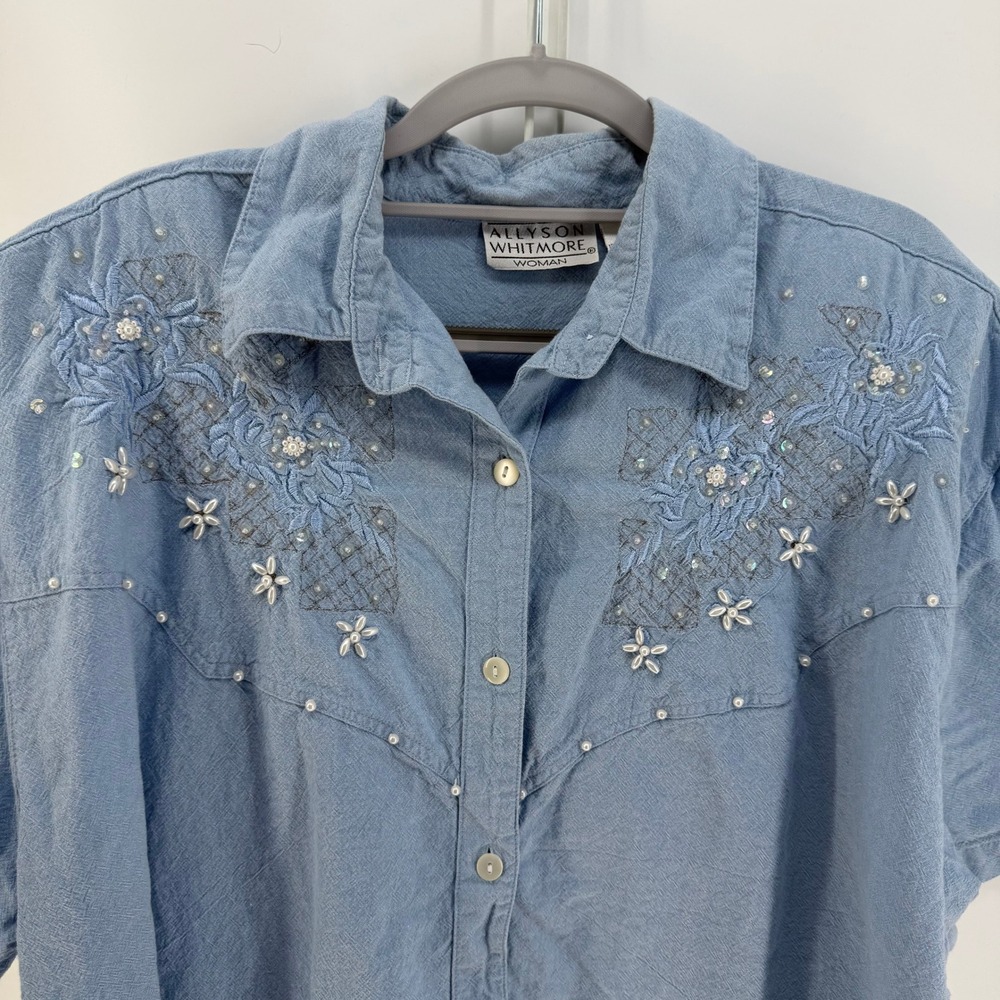 Allyson Whitmore Button Up Womens 1X Blue Embroidered Beaded Western Boho Shirt - Picture 3 of 9